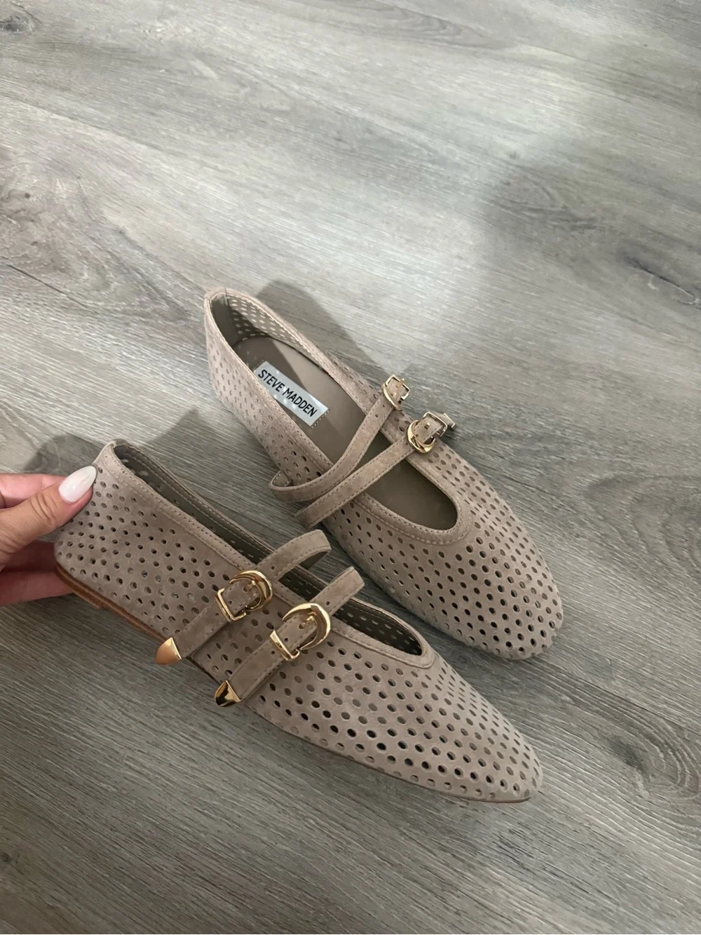 Steve Madden Taupe Perforated Double Buckle Flats